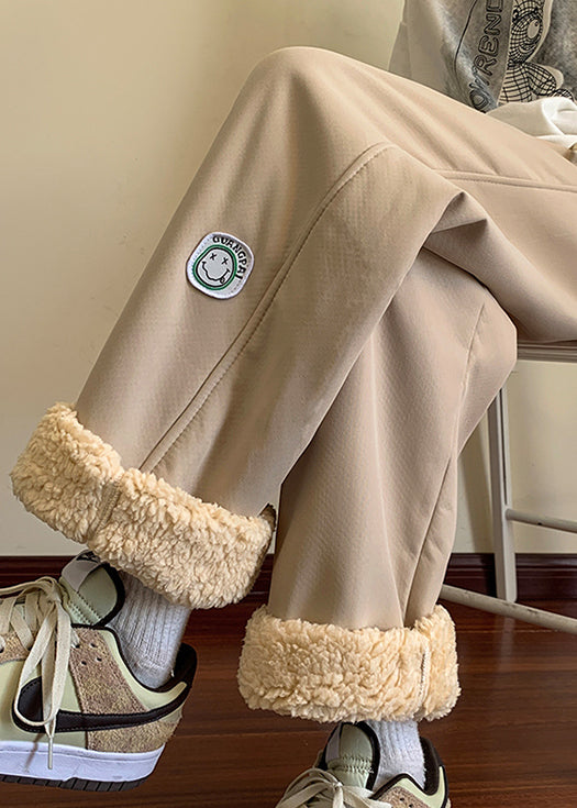 Grey Elastic Waist Thick Fleece Wool Lined Pants Winter
