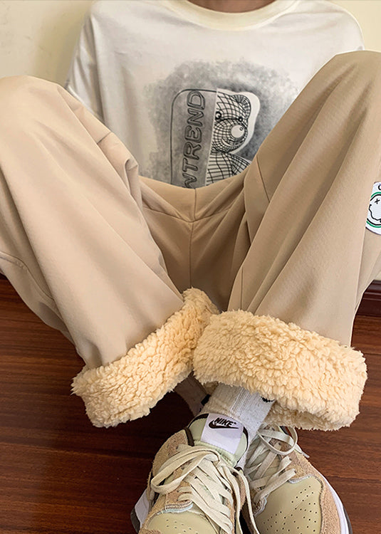 Grey Elastic Waist Thick Fleece Wool Lined Pants Winter
