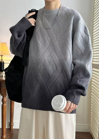 Grey Gradient Color O Neck Plaid Knit Sweaters Winter