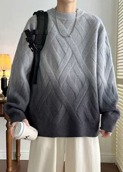 Grey Gradient Color O Neck Plaid Knit Sweaters Winter