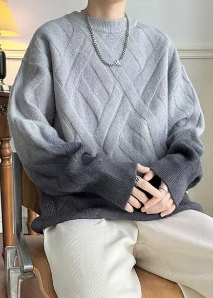 Grey Gradient Color O Neck Plaid Knit Sweaters Winter