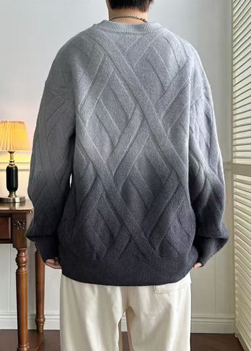 Grey Gradient Color O Neck Plaid Knit Sweaters Winter