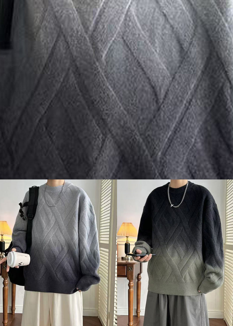 Grey Gradient Color O Neck Plaid Knit Sweaters Winter