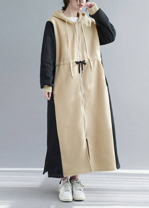 Grey Hooded Drawstring Patchwork Warm Fleece Dress Spring