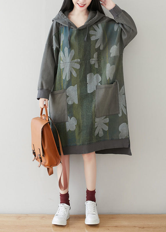 Grey Hooded Patchwork Print Cotton Dress Batwing Sleeve