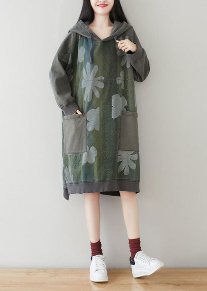 Grey Hooded Patchwork Print Cotton Dress Batwing Sleeve