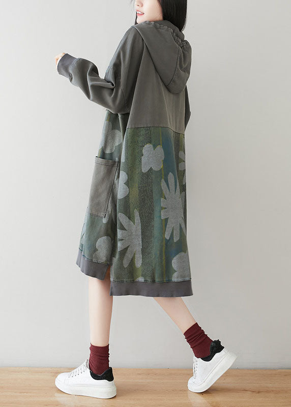 Grey Hooded Patchwork Print Cotton Dress Batwing Sleeve