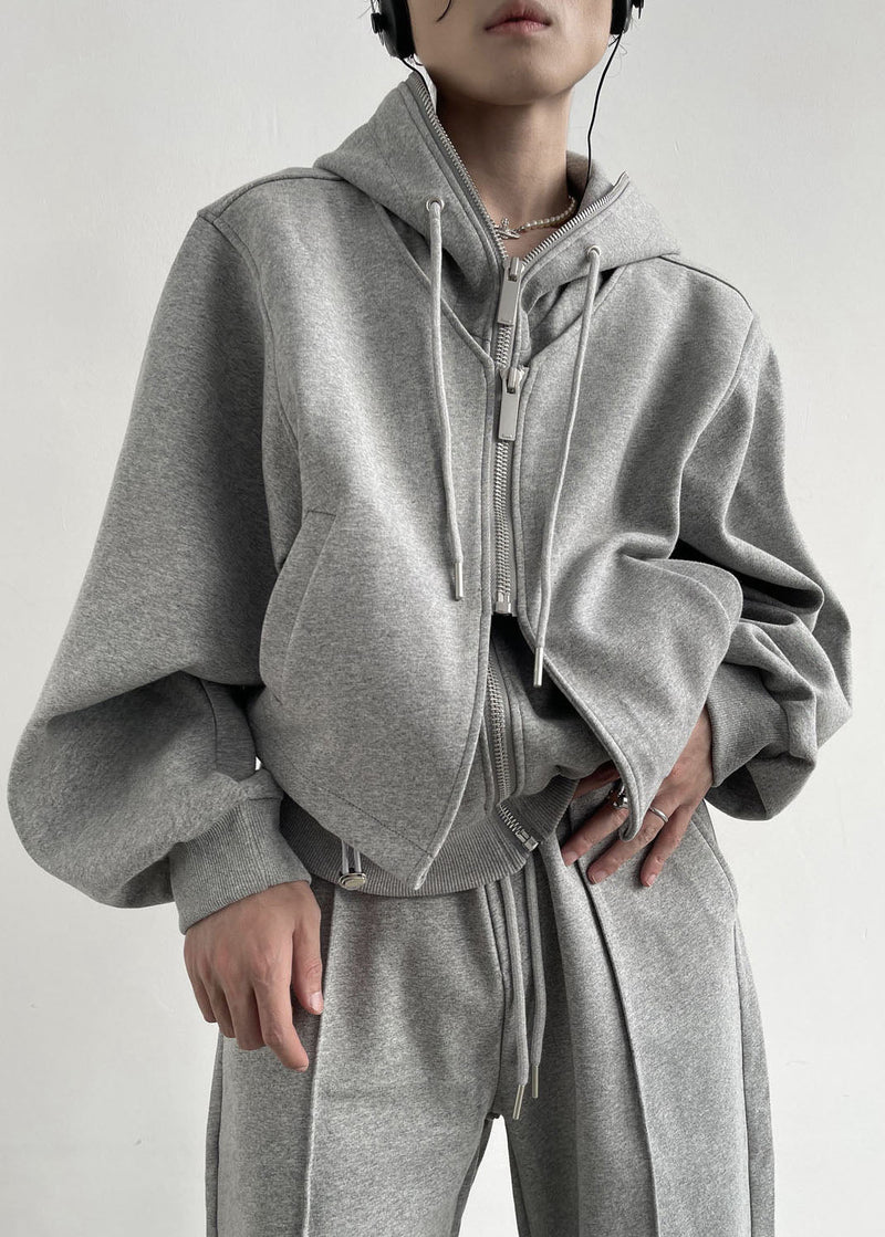 Grey Hooded Patchwork Zippered Cotton Fake Two Piece Coats Spring