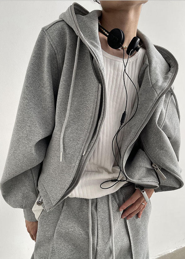 Grey Hooded Patchwork Zippered Cotton Fake Two Piece Coats Spring