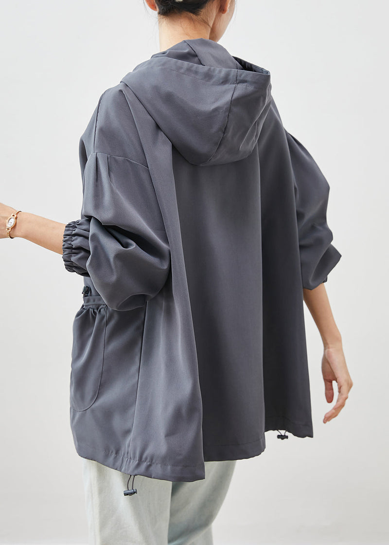 Grey Hooded Pockets Cotton Jackets Spring