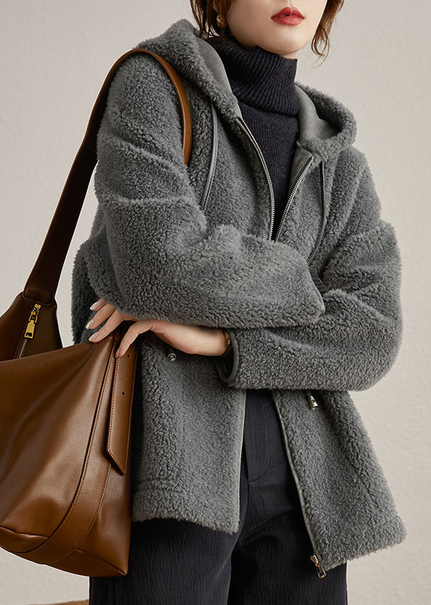 Grey Hooded Pockets Patchwork Woolen Coats Winter