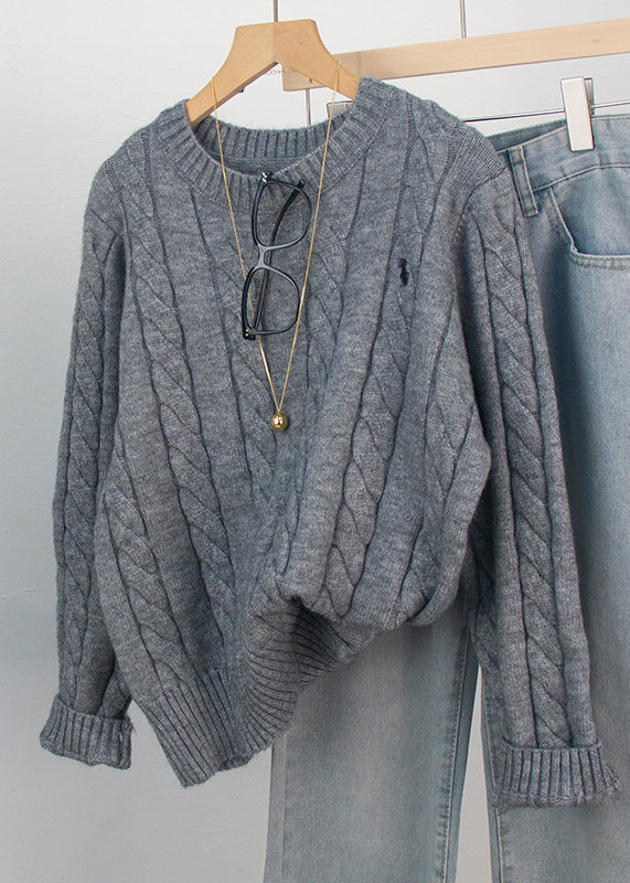 Grey O-neck Embroidered Knitted Sweaters Spring