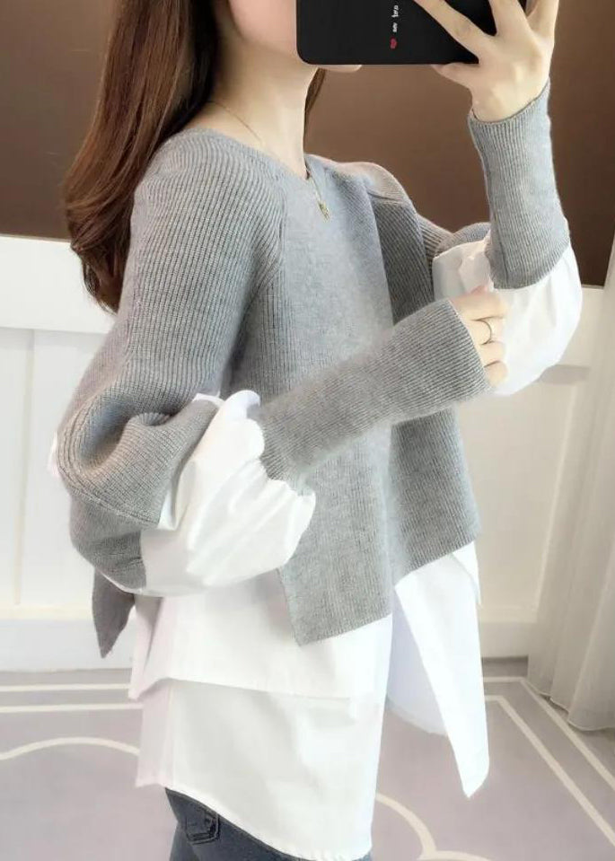 Grey O Neck False Two Pieces Patchwork Knit Sweater Top Fall