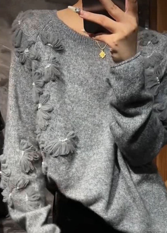 Grey O-neck Cotton Knit Sweater Spring