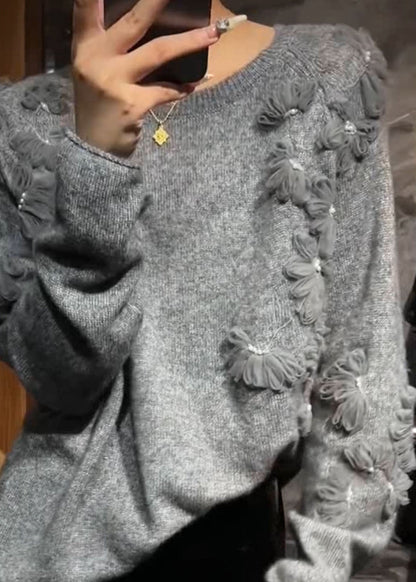 Grey O-neck Cotton Knit Sweater Spring