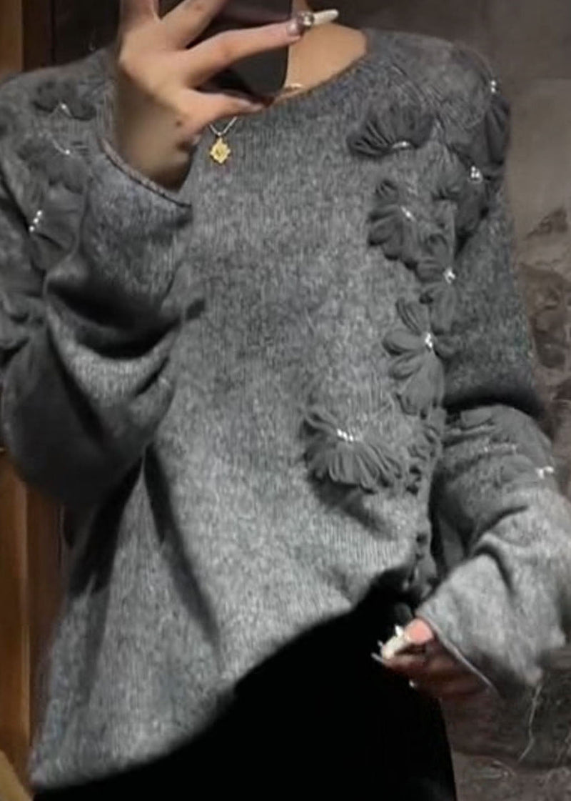 Grey O-neck Cotton Knit Sweater Spring