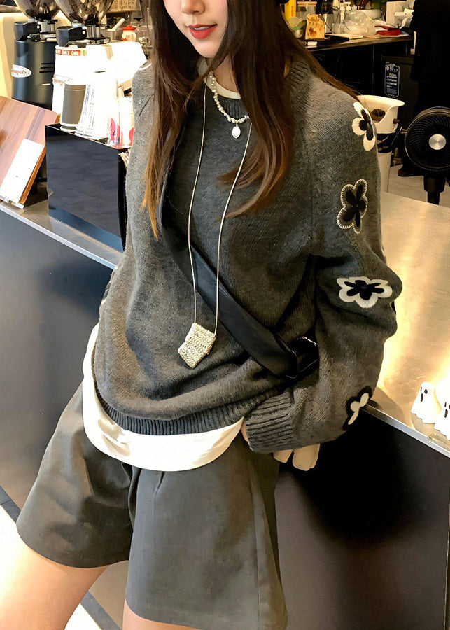 Grey O Neck Knit Sweater Tops Spring