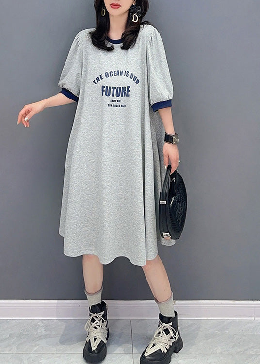 Grey O-neck Graphic Print Maxi Dress Summer