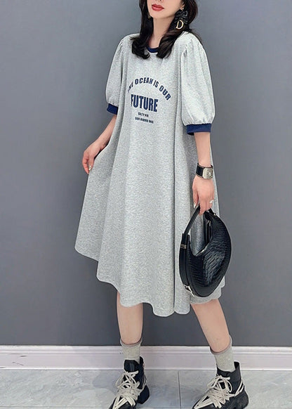 Grey O-neck Graphic Print Maxi Dress Summer