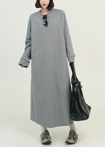 Grey O Neck Loose Cotton Straight Dresses Spring