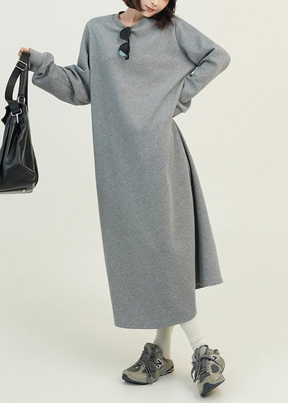 Grey O Neck Loose Cotton Straight Dresses Spring