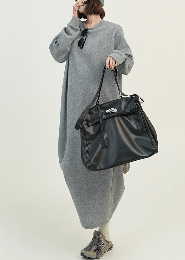 Grey O Neck Loose Cotton Straight Dresses Spring