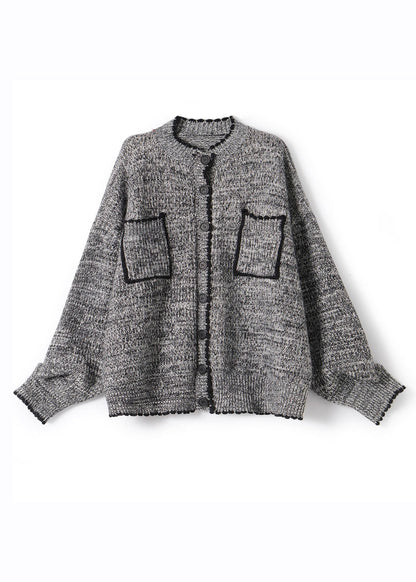 Grey O-neck Patchwork Button Cotton Knit Cardigans Fall