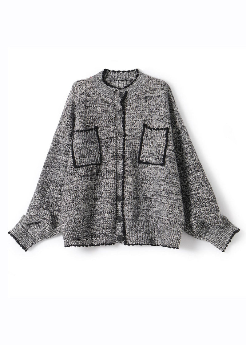 Grey O-neck Patchwork Button Cotton Knit Cardigans Fall