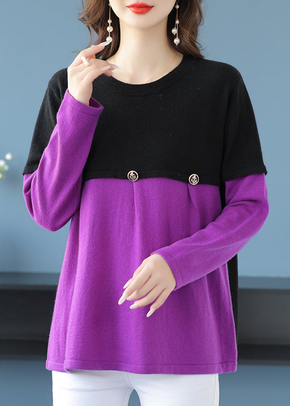 Grey O Neck Patchwork Knit Sweater Spring