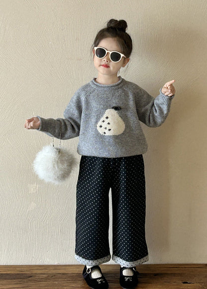 Grey O-neck Thick Knitted Cotton Sweaters and Pants Two Pieces Set Spring