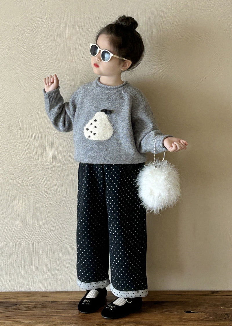Grey O-neck Thick Knitted Cotton Sweaters and Pants Two Pieces Set Spring