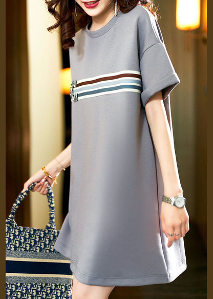 Grey O Neck Zircon Patchwork Cotton T Shirt Dresses Summer