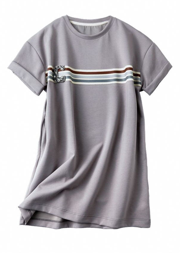 Grey O Neck Zircon Patchwork Cotton T Shirt Dresses Summer