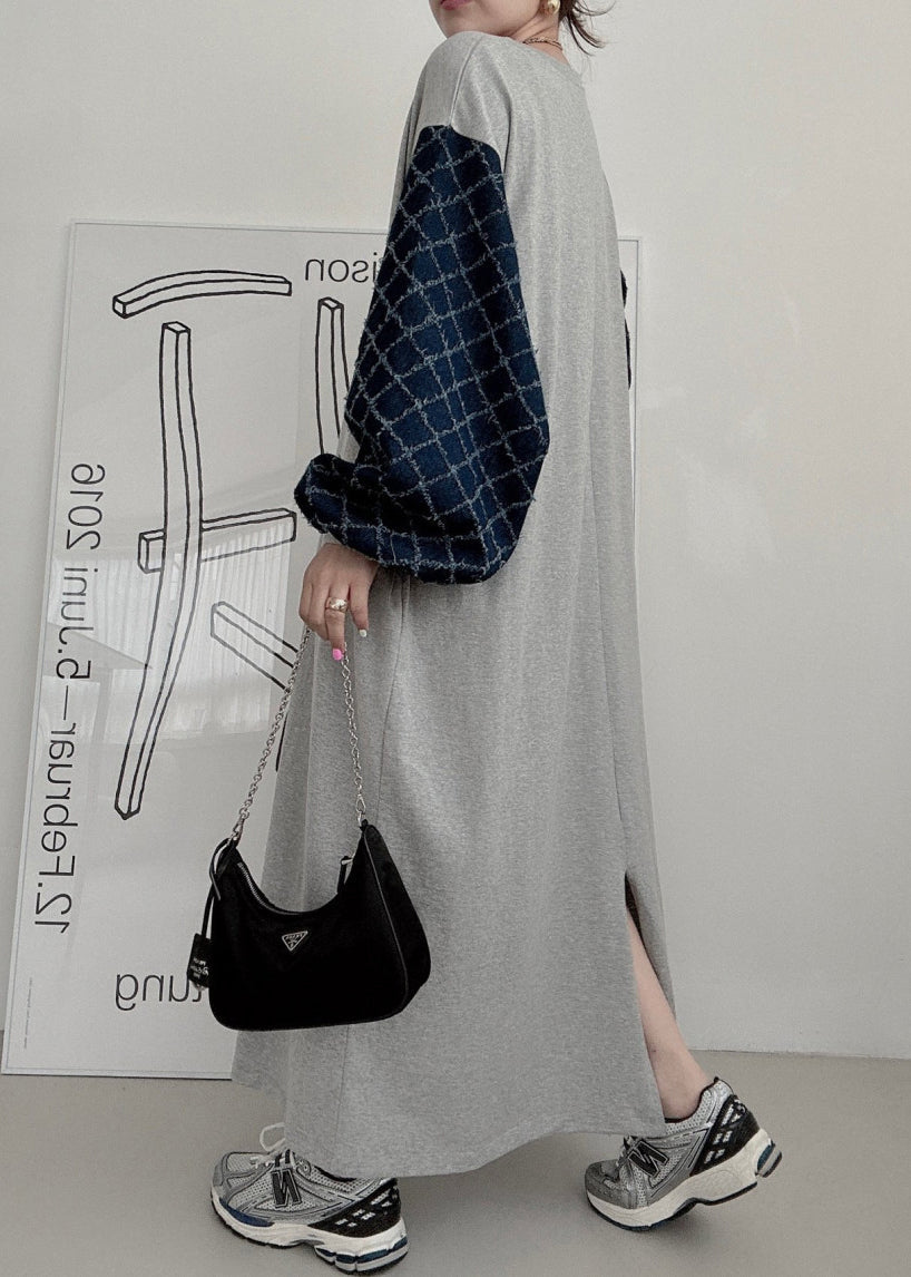 Grey Oversized Patchwork Cotton Sweatshirt Dress Lantern Sleeve