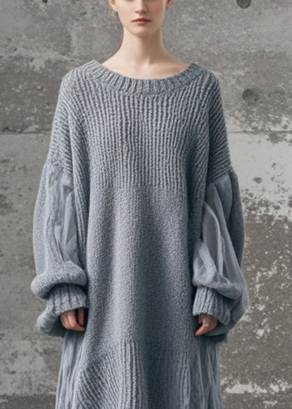Grey Oversized Patchwork Tulle Long Knit Dress Winter
