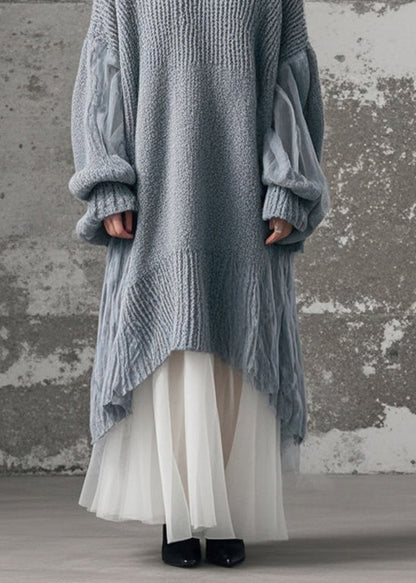 Grey Oversized Patchwork Tulle Long Knit Dress Winter