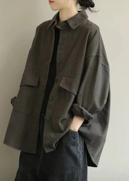 Grey Oversized Pockets Cotton Coat Outwear Fall