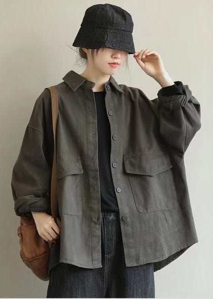 Grey Oversized Pockets Cotton Coat Outwear Fall
