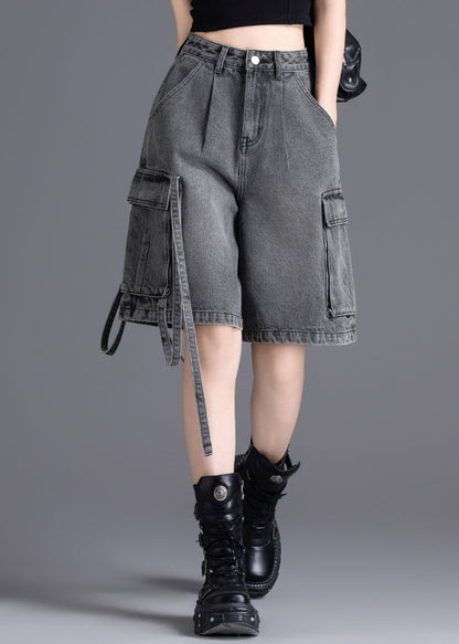 Grey Oversized Pockets Denim Crop Pants Summer