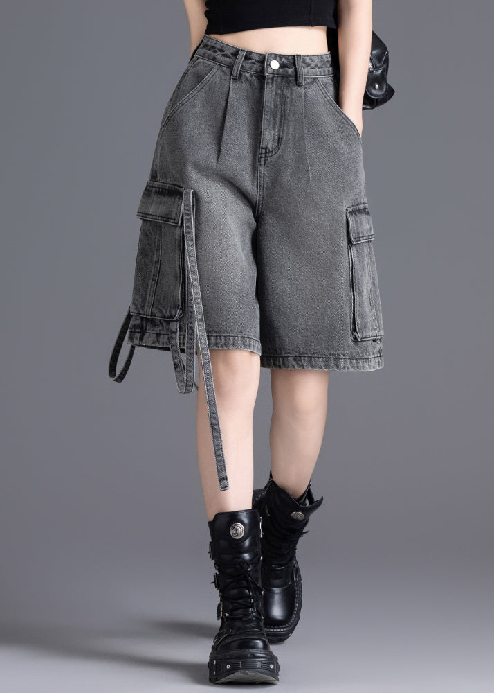 Grey Oversized Pockets Denim Crop Pants Summer