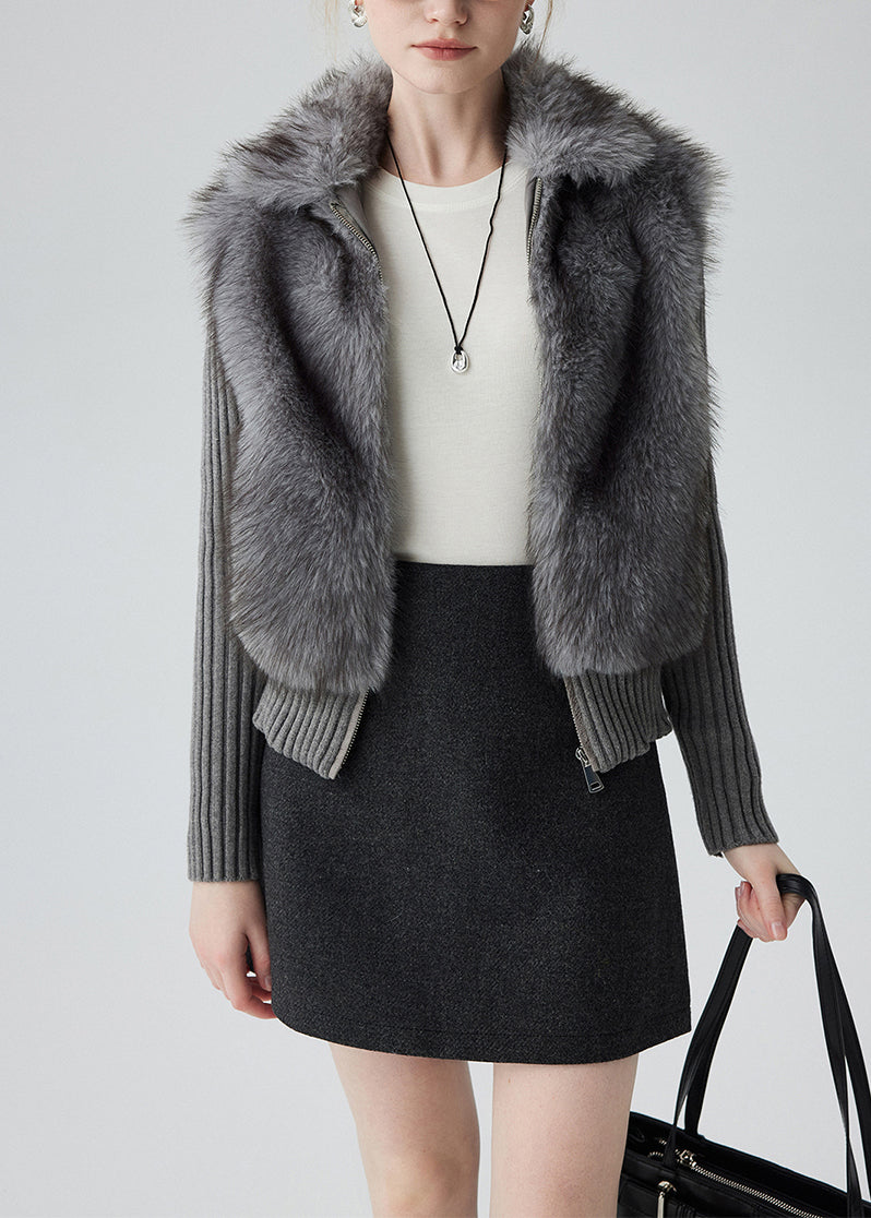 Grey Peter Pan Collar Patchwork Faux Fur Knit Cardigan Winter