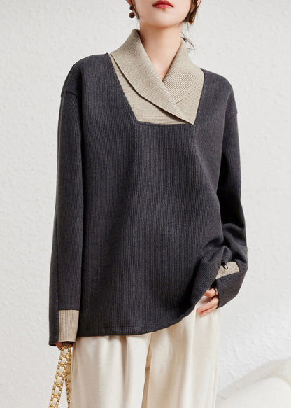Grey Peter Pan Collar Patchwork Knit Sweater Winter