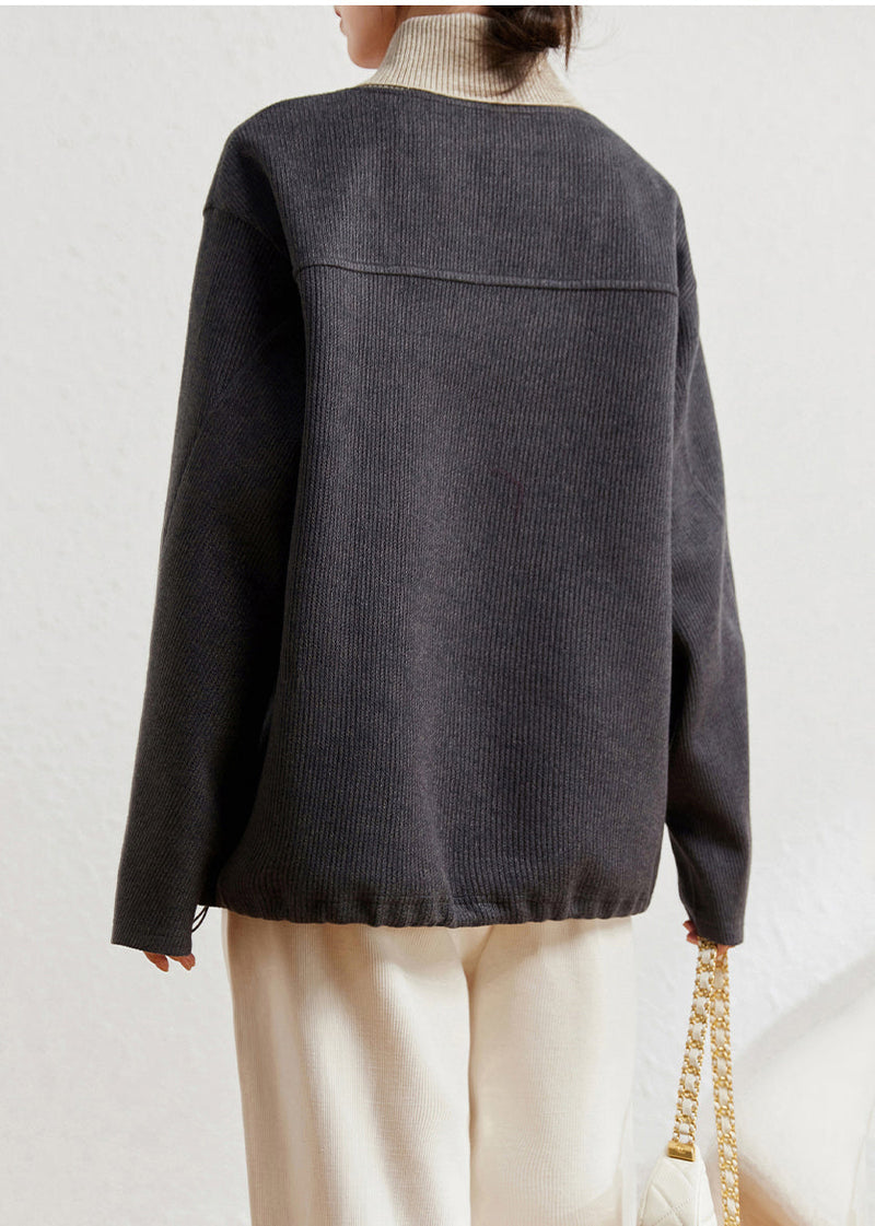 Grey Peter Pan Collar Patchwork Knit Sweater Winter
