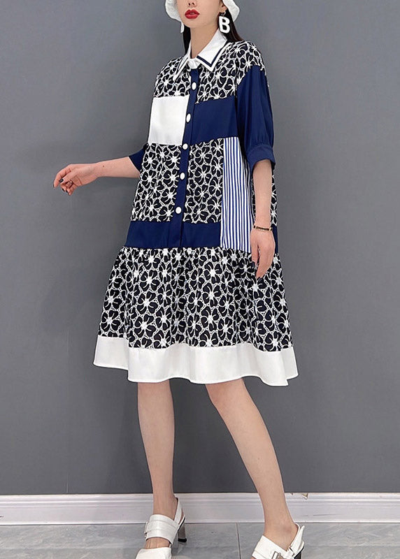 Grey Peter Pan Collar Print Patchwork Button Chiffon Dress Half Sleeve