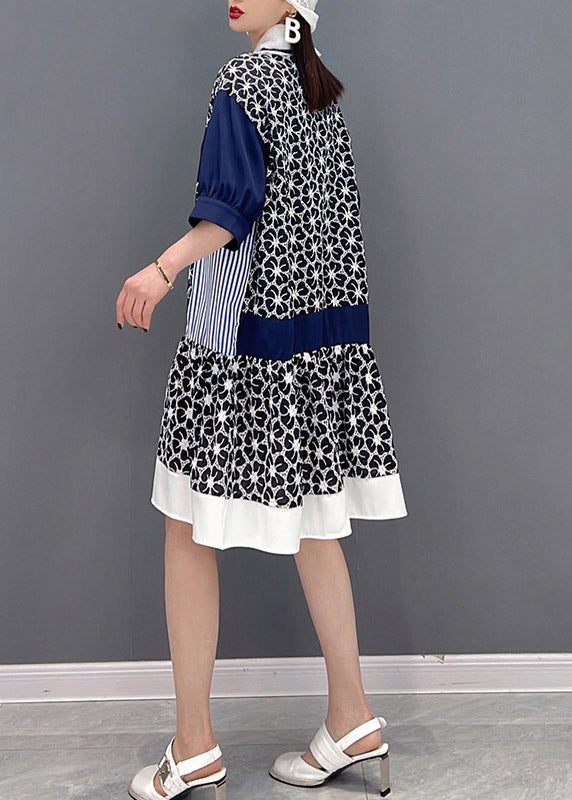 Grey Peter Pan Collar Print Patchwork Button Chiffon Dress Half Sleeve