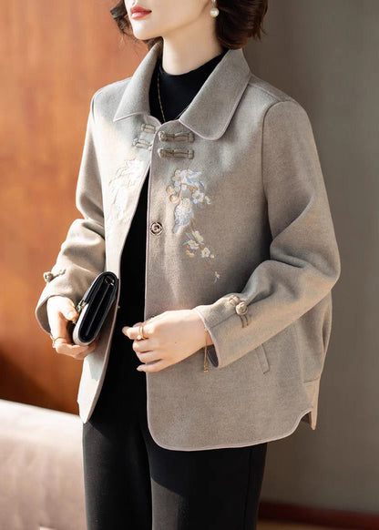 Grey Peter Pan Collar Woolen Coats Spring