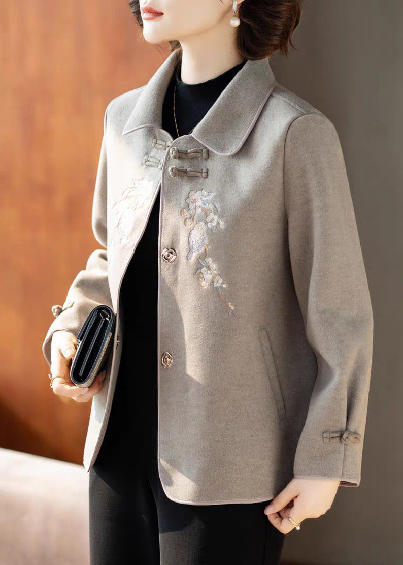 Grey Peter Pan Collar Woolen Coats Spring