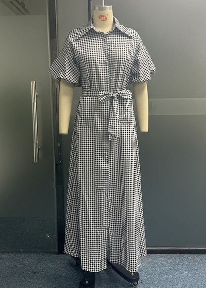 Grey Plaid Tie Waist Long Dresses Summer