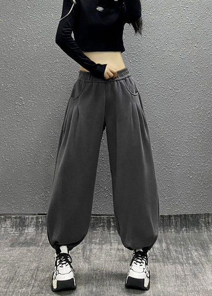 Grey Pockets Elastic Waist Cotton Beam Pants Spring