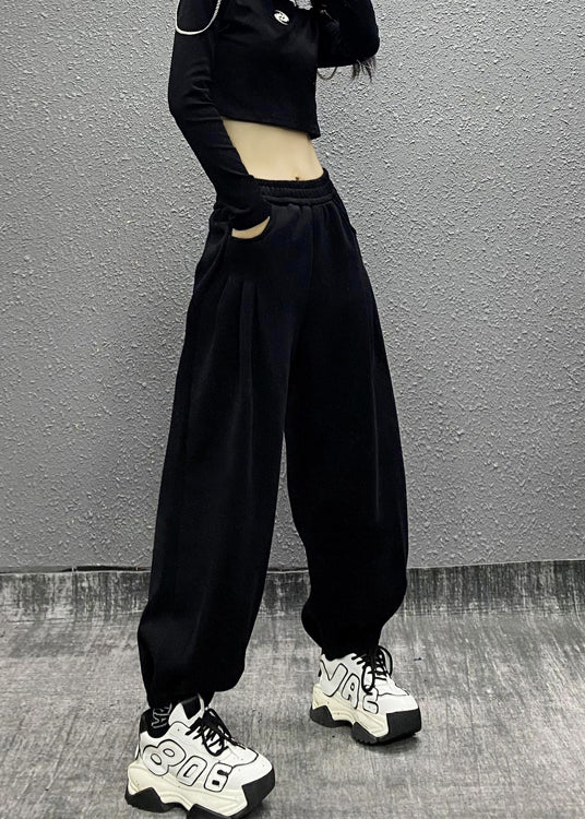 Grey Pockets Elastic Waist Cotton Beam Pants Spring